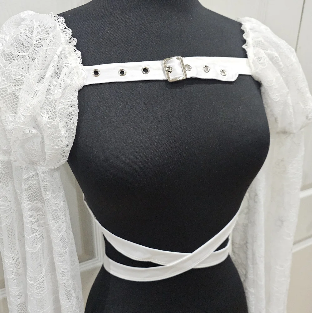 Dolls Kill Widow Goth White Lace Buckle Somber Soul Bondage Harness Shrug Top OS - Picture 4 of 10